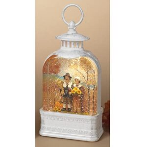one holiday way 11-inch vintage lighted white water lantern snow globe with thanksgiving pilgrims woodland harvest scene - autumn tabletop fall decoration - rustic country farmhouse home decor