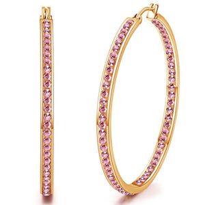 weinuo 2 inch stunning gold plated stainless steel pink cubic zirconia hoop earring for women hypoallergenic jewelry for sensitive ears large big hoop earrings 50mm
