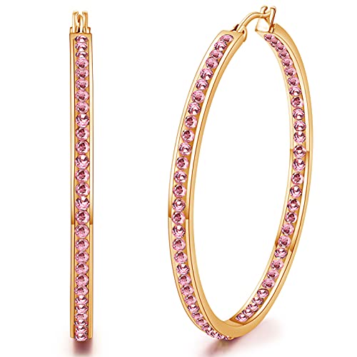 weinuo 2 Inch Stunning Gold Plated Stainless Steel Pink Cubic Zirconia Hoop Earring for Women Hypoallergenic Jewelry for Sensitive Ears Large Big Hoop Earrings 50MM