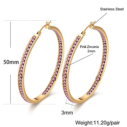 weinuo 2 Inch Stunning Gold Plated Stainless Steel Pink Cubic Zirconia Hoop Earring for Women Hypoallergenic Jewelry for Sensitive Ears Large Big Hoop Earrings 50MM