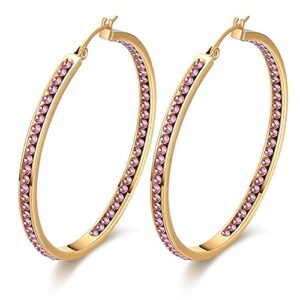 weinuo 2 Inch Stunning Gold Plated Stainless Steel Pink Cubic Zirconia Hoop Earring for Women Hypoallergenic Jewelry for Sensitive Ears Large Big Hoop Earrings 50MM