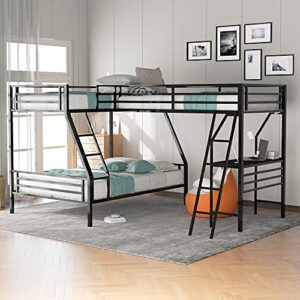 vogu metal triple bunk beds, twin over full bunk bed attached twin loft bed with desk, l-shape triple beds frame with ladders and guardrails, safe design for kids teens adults, black-3