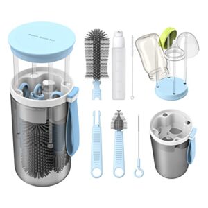 techoecho baby travel essential bottle cleaner kit with silicone bottle brush，built-in snap-on drying rack，silicone nipple-shaped brush，2 straw brushes，bottle soap dispenser，bottle warmer bowl.(blue)