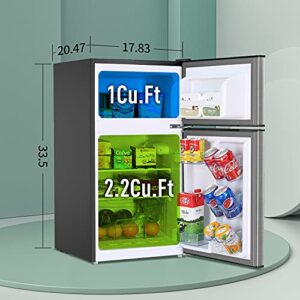 3.0 Cu.Ft. Mini Fridge with Freezer 2 Door Refrigerator and Freezer Compact Small Fridge for Bedroom Home Office Dorm, Small Drink Chiller, 37 dB Low Noise, Stainless Steel