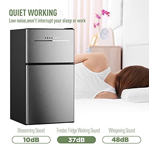 3.0 Cu.Ft. Mini Fridge with Freezer 2 Door Refrigerator and Freezer Compact Small Fridge for Bedroom Home Office Dorm, Small Drink Chiller, 37 dB Low Noise, Stainless Steel