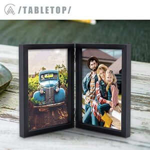 AEVETE 5x7 Picture Frames Double Hinged Wood Folding Photo Frames Vertical with Real Glass Front, Black