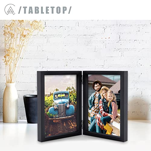 AEVETE 5x7 Picture Frames Double Hinged Wood Folding Photo Frames Vertical with Real Glass Front, Black