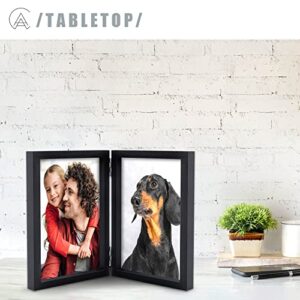 AEVETE 5x7 Picture Frames Double Hinged Wood Folding Photo Frames Vertical with Real Glass Front, Black