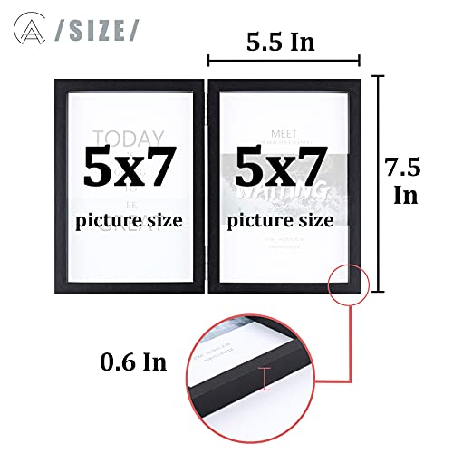 AEVETE 5x7 Picture Frames Double Hinged Wood Folding Photo Frames Vertical with Real Glass Front, Black