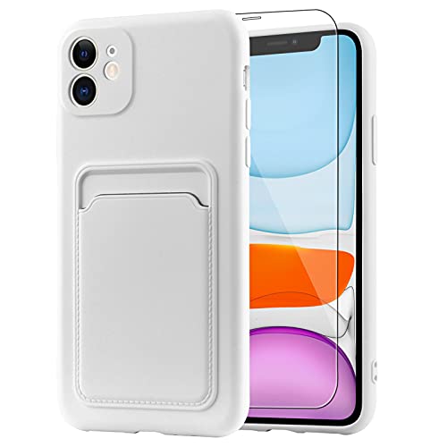 MZELQ Wallet Case for iPhone 11 (6.1 inch), Card Holder Camera Protection Cover for iPhone 11 + Screen Protector, Soft Slim Card Slot Case Compatible with iPhone 11 Phone Case -White