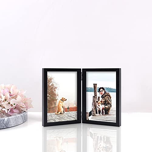 4x6 Double Picture Frame Wooden Hinged Photo Frame Definition Glass Stand Vertically on Desktop or Tabletop Black