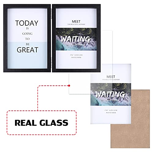 4x6 Double Picture Frame Wooden Hinged Photo Frame Definition Glass Stand Vertically on Desktop or Tabletop Black