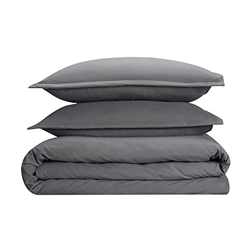 SERTA Simply Clean Ultra Soft Hypoallergenic Stain Resistant 3 Piece Solid Duvet Cover Set, Grey, Full/Queen