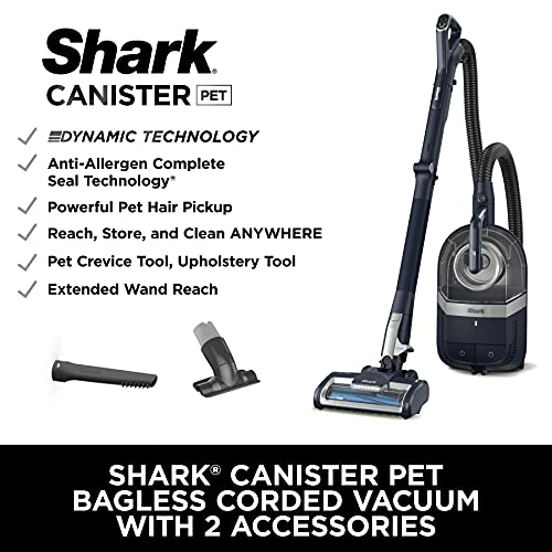 Shark CZ351 Pet Canister Vacuum, Bagless, Corded with Self-Cleaning Brushroll & PowerFins, Navy & Silver