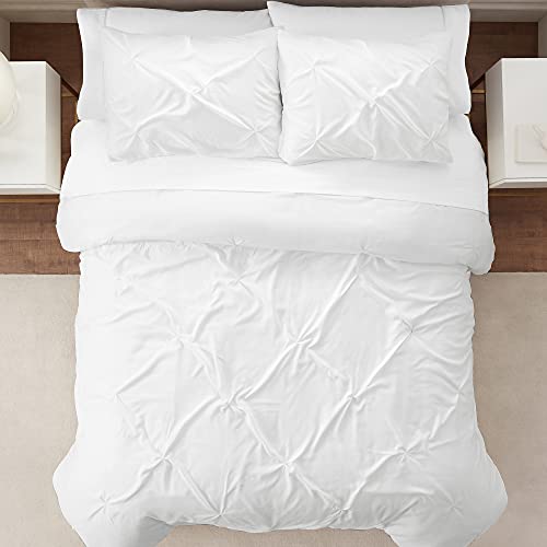SERTA Simply Clean Ultra Soft 3 Piece Hypoallergenic Stain Resistant Pleated Duvet Cover Set, Full/Queen, White