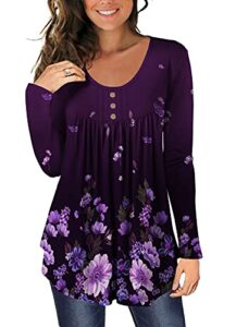 beadchica women's casual tunic tops to wear with leggings long sleeve floral henley blouses botton up shirts-print-l