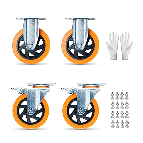 N/A 5 Inches Heavy Duty Polyurethane Caster Wheels Anti-Skid Swivel Casters Wheels with 360 Degree for Set of 4 Orange (2PCS Locking Swivel Casters 2PCS Fixed Caster Wheels), XP-06