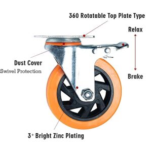 N/A 5 Inches Heavy Duty Polyurethane Caster Wheels Anti-Skid Swivel Casters Wheels with 360 Degree for Set of 4 Orange (2PCS Locking Swivel Casters 2PCS Fixed Caster Wheels), XP-06