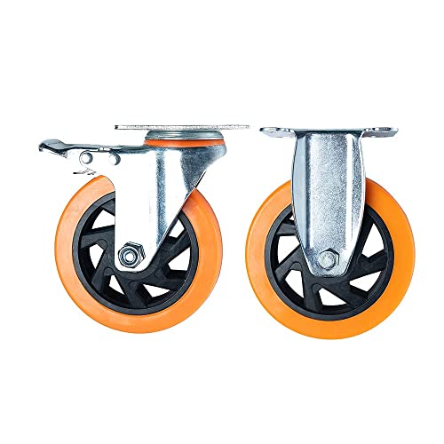 N/A 5 Inches Heavy Duty Polyurethane Caster Wheels Anti-Skid Swivel Casters Wheels with 360 Degree for Set of 4 Orange (2PCS Locking Swivel Casters 2PCS Fixed Caster Wheels), XP-06