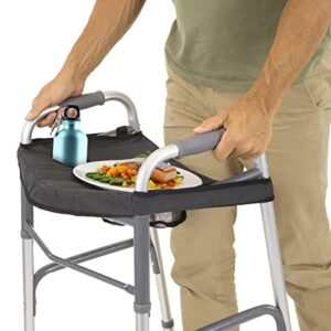 vive walker tray for folding, standard walkers (with basket) - universal medical supplies equipment attachment table with cup holder - durable disability rolling accessories - for seniors, women, men