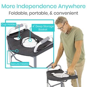 Vive Walker Tray for Folding, Standard Walkers (with Basket) - Universal Medical Supplies Equipment Attachment Table with Cup Holder - Durable Disability Rolling Accessories - for Seniors, Women, Men