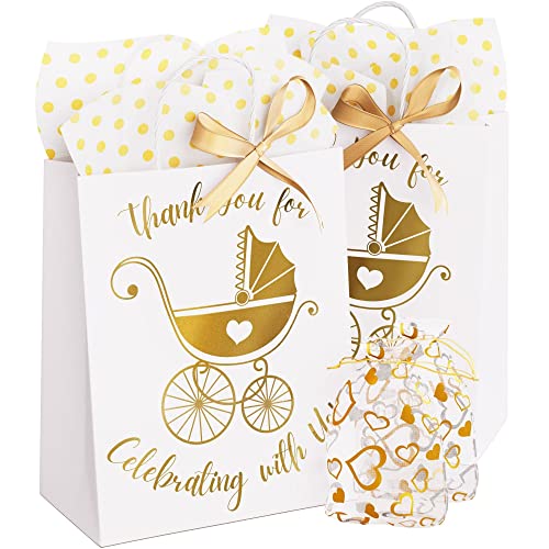 12 Pack Baby Shower Gifts Bag with Tissue Paper and Ribbons - Gold Baby Shower Gifts Bags Medium Size, Baby Gift Bags for Baby Shower, Baby Boy Gift Bag, Baby Girl Gift Bag, Gender Reveal Gift Bag Bulk (8"L x 4.5"W x 10"H, White)