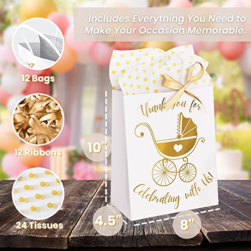 12 Pack Baby Shower Gifts Bag with Tissue Paper and Ribbons - Gold Baby Shower Gifts Bags Medium Size, Baby Gift Bags for Baby Shower, Baby Boy Gift Bag, Baby Girl Gift Bag, Gender Reveal Gift Bag Bulk (8"L x 4.5"W x 10"H, White)