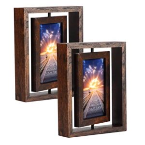 exyglo 2 pack 4x6 rustic rotating floating picture frames, photo frames for vertical or horizontal tabletop display, brown
