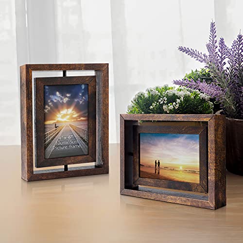 EXYGLO 2 Pack 4x6 Rustic Rotating Floating Picture Frames, Photo Frames for Vertical or Horizontal Tabletop Display, Brown