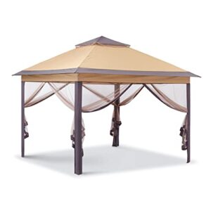 11'x11' pop up canopy tent patio gazebo for outdoor life with mosquito netting (square without led solar lights), brown