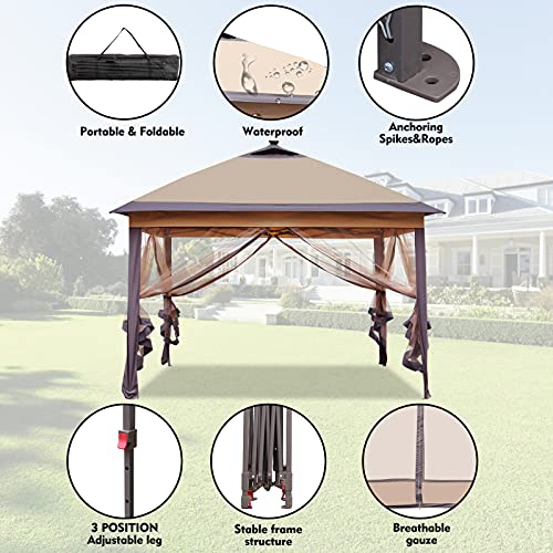 11'x11' Pop Up Canopy Tent Patio Gazebo for Outdoor Life with Mosquito Netting (Square Without LED Solar Lights), Brown