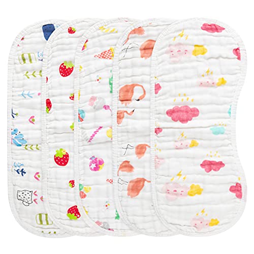 GROBRO7 5Pcs Burp Cloths Baby Bibs Muslin Burping Bid for Babies with Strawberry Flamingo Cotton Large Towels in 6 Layers Extra Absorbent Soft Machine Washable Nursery Newborn Gift 7x18.5inch