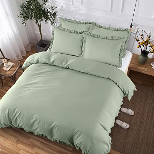 Chvonttow 5 Pieces Sage Green Duvet Cover King Ruffle Duvet Cover, Ultra Soft Farmhouse Shabby Chic Bedding Duvet Cover Set with Zipper Closure, 1 Duvet Cover + 4 Pillowcases (Sage Green, King)