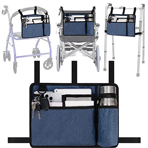 supregear Walker Bag with Cup Holder, Water-Resistant Wheelchair Pouch Folding Walker Accessory Basket for Wheelchairs, Rollators, Scooters, Blue