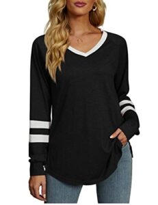 tunic tops for leggings for women v neck long sleeve fall shirts loose fit casual tops b-black