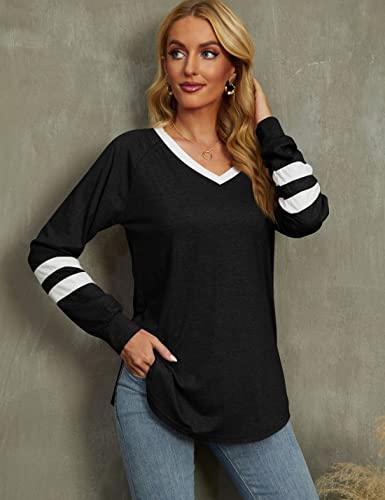 Tunic Tops for Leggings for Women V Neck Long Sleeve Fall Shirts Loose Fit Casual Tops B-black