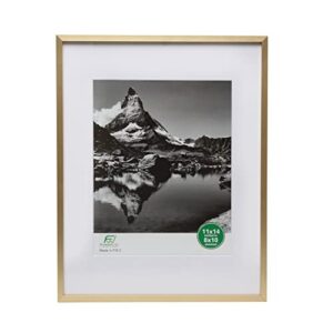 frameworks 11”x14” matted to 8”x10” – deluxe brass gold aluminum contemporary picture frame with tempered glass and removable mat