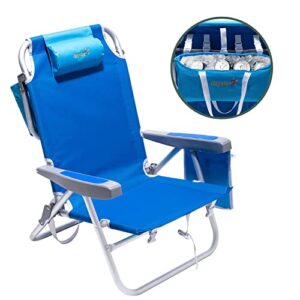 sunnyfeel low beach chair 5 position lay flat, portable folding backpack beach chairs heavy duty with cooler bag, cup holder for outdoor/lawn/trip/picnic/fishing, foldable camping chair (new blue)