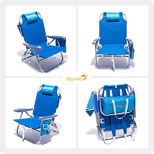 SUNNYFEEL Low Beach Chair 5 Position Lay Flat, Portable Folding Backpack Beach Chairs Heavy Duty with Cooler Bag, Cup Holder for Outdoor/Lawn/Trip/Picnic/Fishing, Foldable Camping Chair (New Blue)
