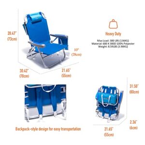 SUNNYFEEL Low Beach Chair 5 Position Lay Flat, Portable Folding Backpack Beach Chairs Heavy Duty with Cooler Bag, Cup Holder for Outdoor/Lawn/Trip/Picnic/Fishing, Foldable Camping Chair (New Blue)