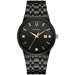 bulova men's modern black ion-plated stainless steel 3-hand calendar date quartz watch, gold tone accents and diamond dial, 40mm style: 98d166