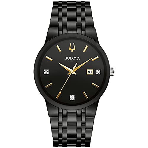 Bulova Men's Modern Black Ion-Plated Stainless Steel 3-Hand Calendar Date Quartz Watch, Gold Tone Accents and Diamond Dial, 40mm Style: 98D166