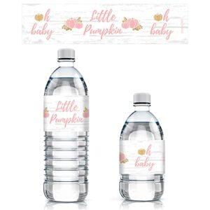 Pink and Gold Little Pumpkin Girl Baby Shower Water Bottle Labels - Fall Themed Waterproof Wrappers - 24 Count