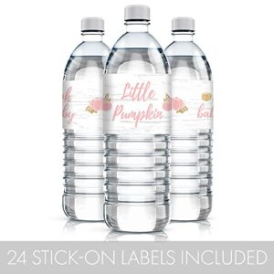 Pink and Gold Little Pumpkin Girl Baby Shower Water Bottle Labels - Fall Themed Waterproof Wrappers - 24 Count