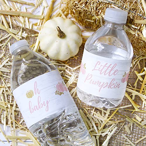 Pink and Gold Little Pumpkin Girl Baby Shower Water Bottle Labels - Fall Themed Waterproof Wrappers - 24 Count