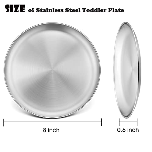 LIANYU 6-Piece Kids 18/8 Stainless Steel Plates, 8 Inch Toddler Metal Round Dinner Plates, Kids Children Dishes for Serving Outdoor Camping, Matte Finished, Dishwasher Safe