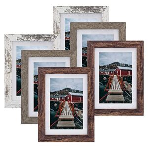 beyahela rustic 5x7 picture frame set 6 pack, white 5x7 photo frames, display 4x6 with mat, distressed wood picture frames 5x7 with mounting hardware display for tabletop or wall decoration(mixed)
