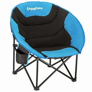 kingcamp camping moon chair oversized padded round saucer chairs for adults 300lbs capacity folding camp chair with cup holder for sports fishing bbq outdoor hiking 31 x 33 x 27 inches balck&royablue
