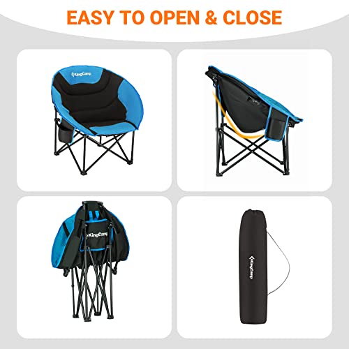 KingCamp Camping Moon Chair Oversized Padded Round Saucer Chairs for Adults 300LBS Capacity Folding Camp Chair with Cup Holder for Sports Fishing BBQ Outdoor Hiking 31 x 33 x 27 Inches Balck&Royablue
