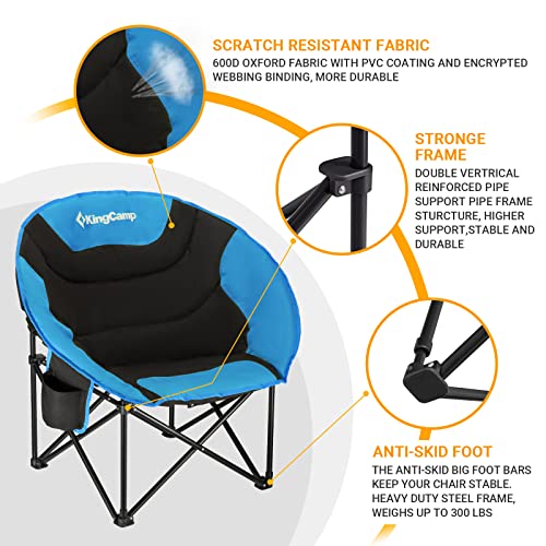 KingCamp Camping Moon Chair Oversized Padded Round Saucer Chairs for Adults 300LBS Capacity Folding Camp Chair with Cup Holder for Sports Fishing BBQ Outdoor Hiking 31 x 33 x 27 Inches Balck&Royablue